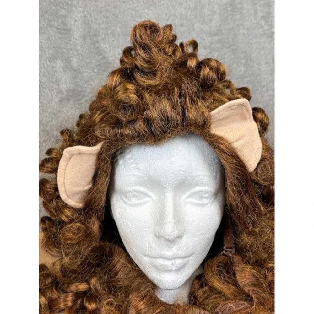 Brown Curly Lion Costume Wig with Ears and Beard Synthetic‎ Fiber Adjustable Cap